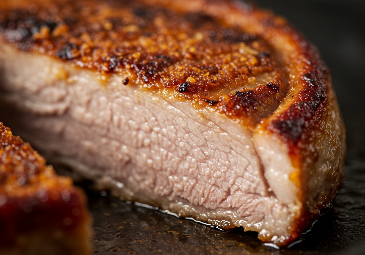 Close-up shot of a slice of oven-baked pork chop, showing the crispy crust and the juicy interior meat.