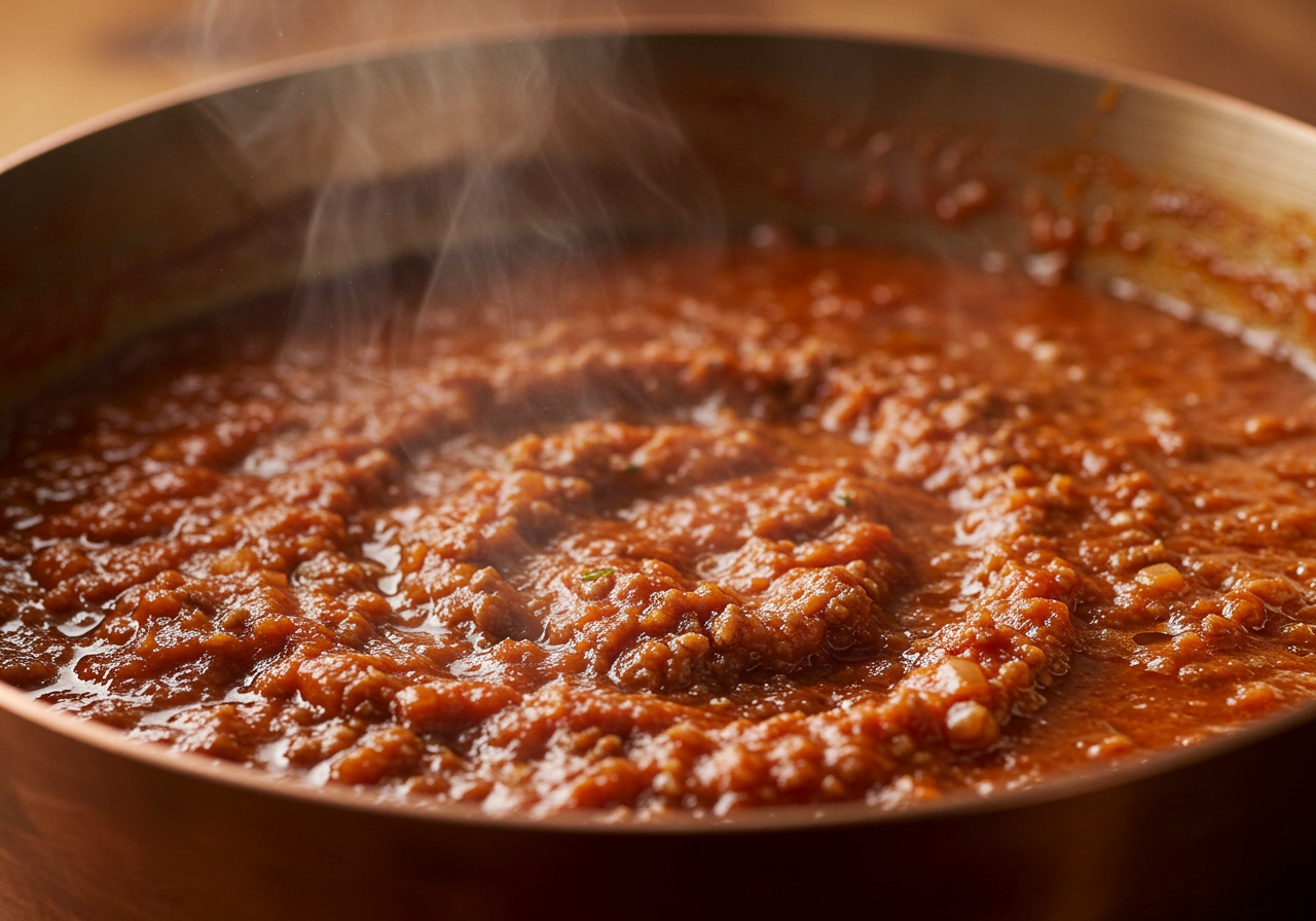 Close-up shot of a thick, rich Valerie-style Bolognese sauce simmering gently in a deep pan, with steam rising, showcasing its texture and vibrant color.