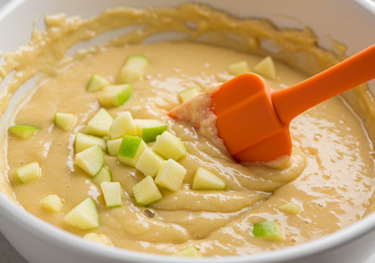 Close-up shot of apple fritter batter with chopped apples being mixed in a bowl with a rubber spatula
