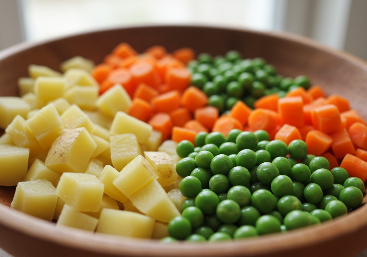 Close-up shot of chopped fresh vegetables (potatoes, carrots, green beans, peas) ready for cooking.