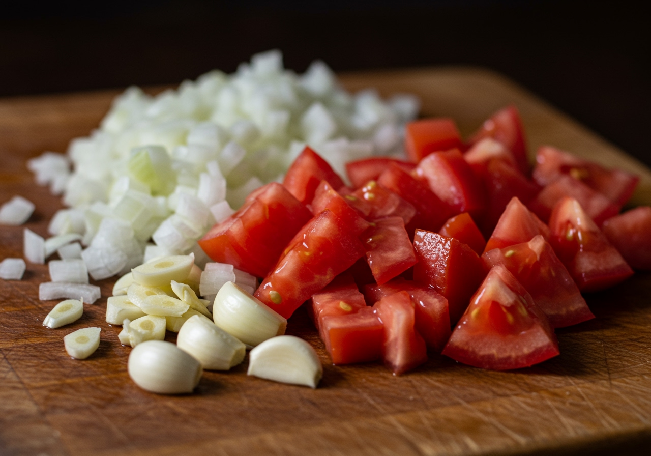 Close-up shot of chopped tomatoes, onions, and garlic on a cutting board, ready for making soup.