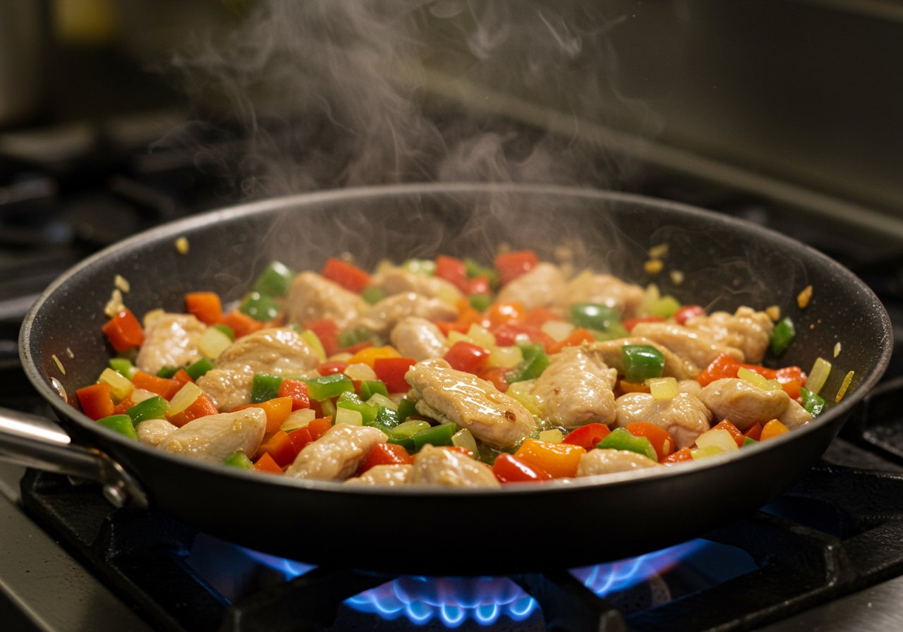 Close-up shot of chopped vegetables and lean protein being sautéed in a large pan with olive oil.