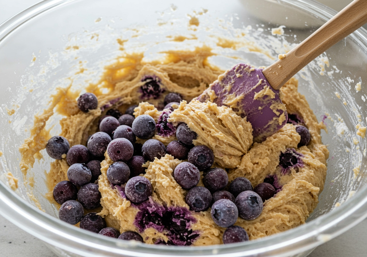 Close-up shot of cookie dough in a bowl, showing frozen blueberries and streaks of purple color mixed in with a rubber spatula.