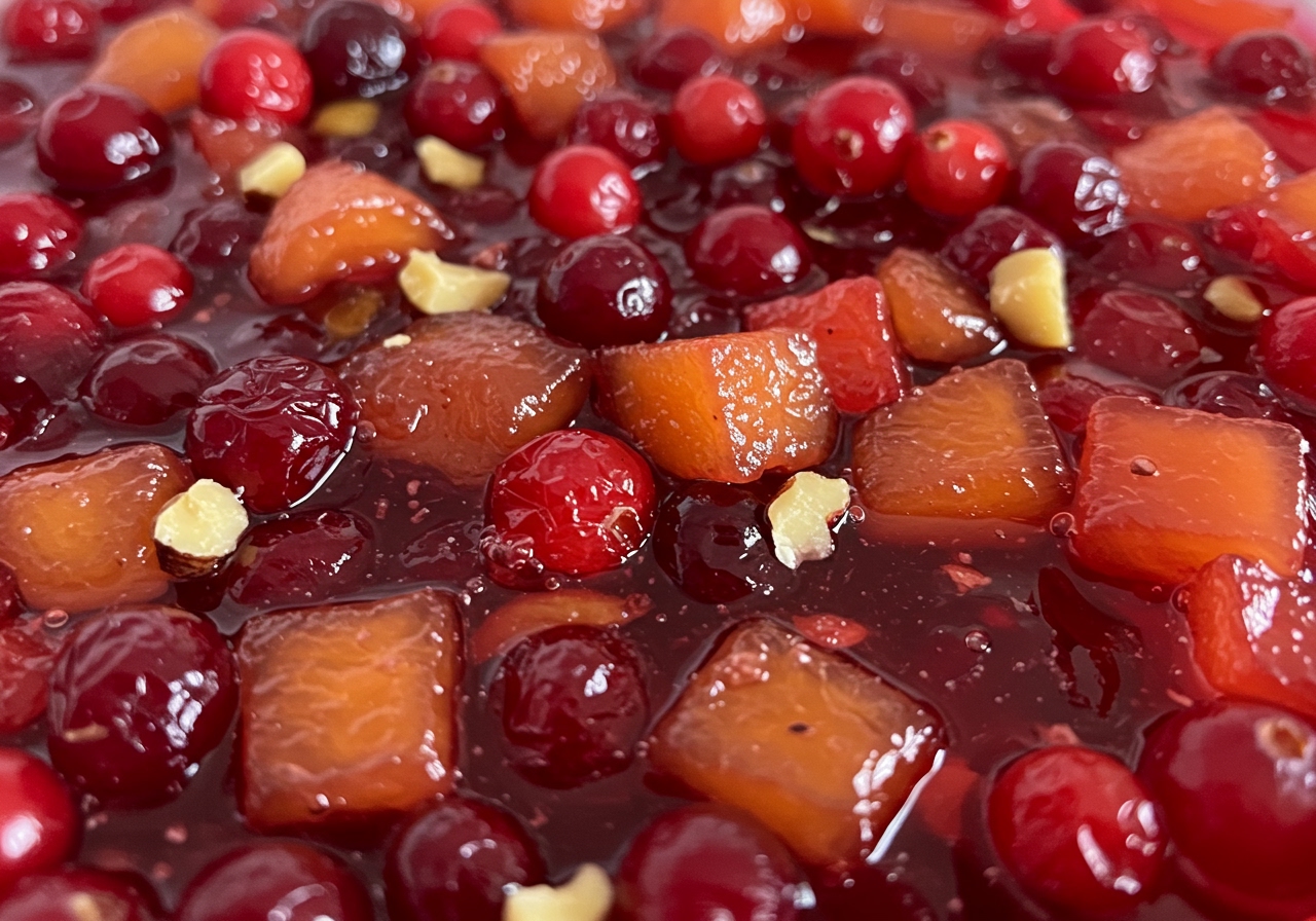 Close-up shot of cranberry jelly salad showing the textures of the jelly, fruit chunks, and nuts