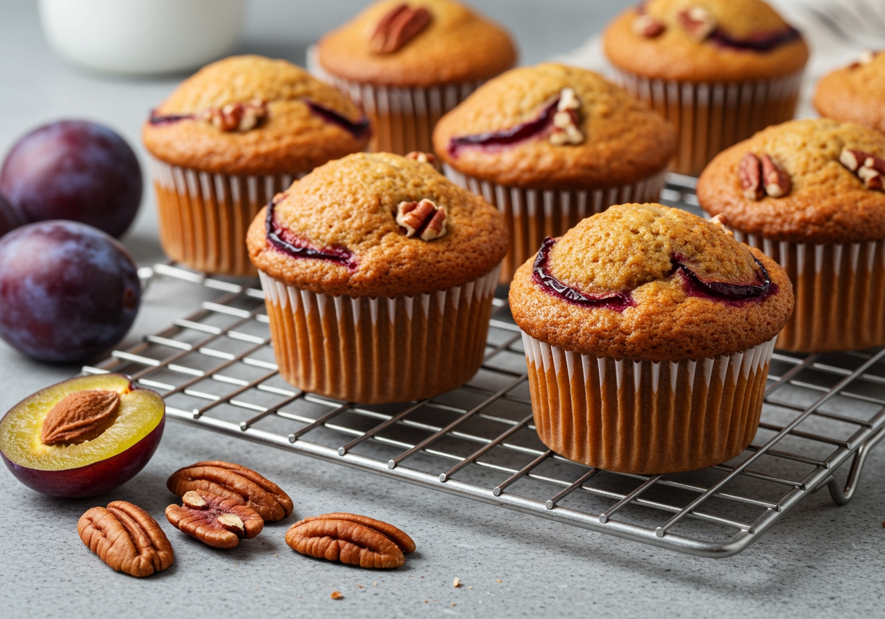 Close-up shot of delicious plum and pecan muffins cooling on a wire rack, with fresh plums and pecans scattered nearby. The muffins have a golden-brown top and visible chunks of fruit and nuts.
