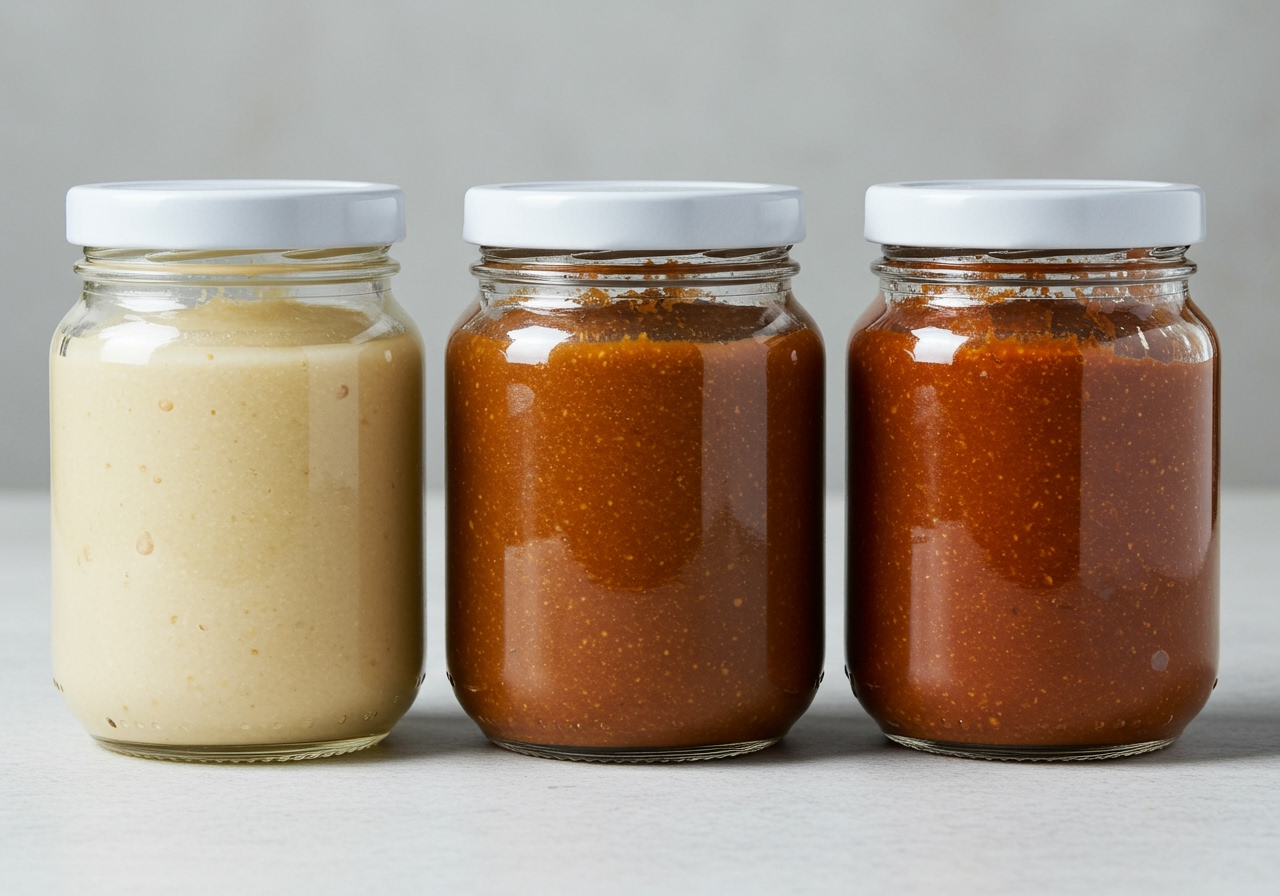 Close-up shot of different types of miso paste in jars or containers (white miso, red miso, mixed miso).