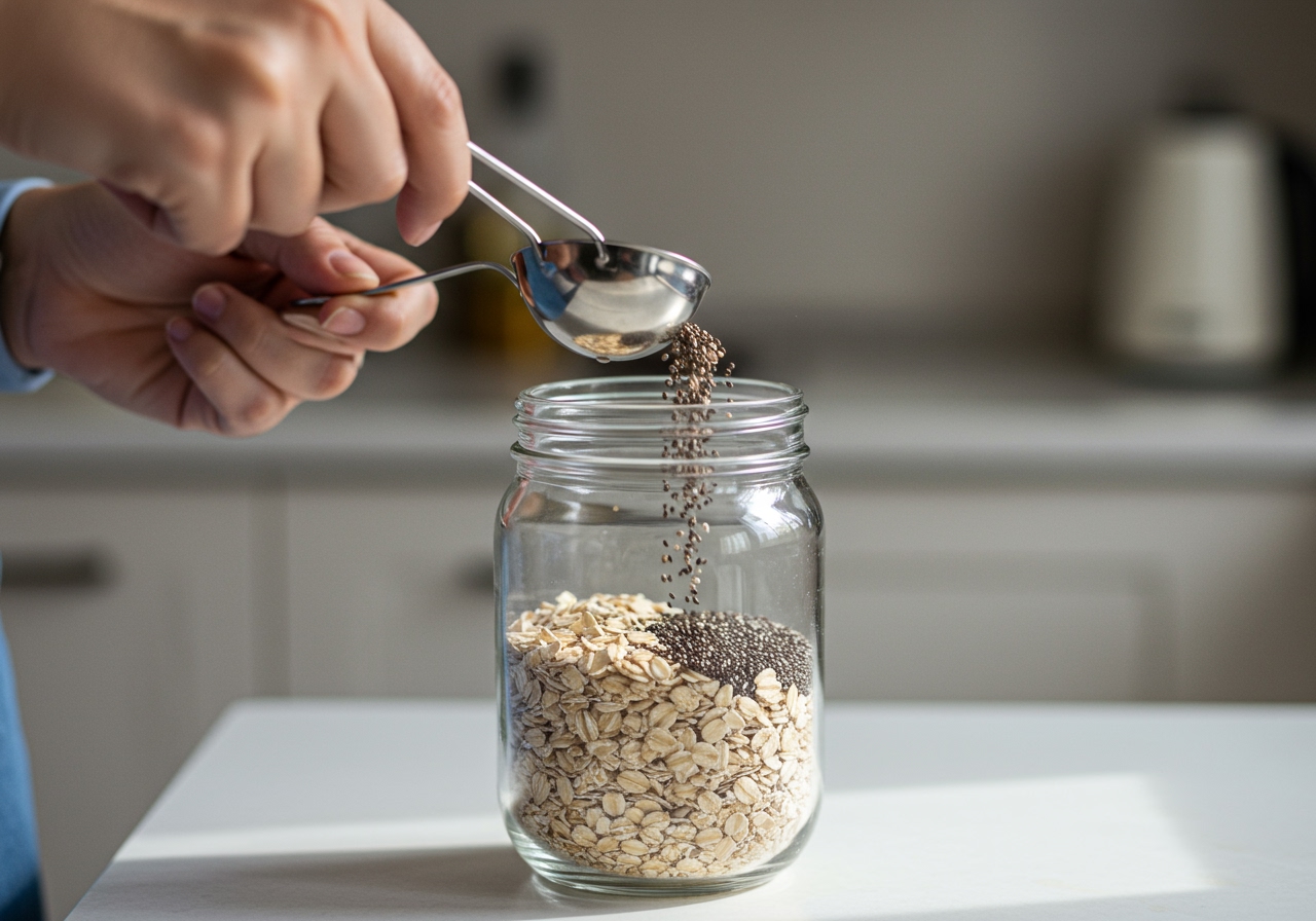 Close-up shot of dry ingredients (rolled oats, chia seeds) being measured into a glass jar.