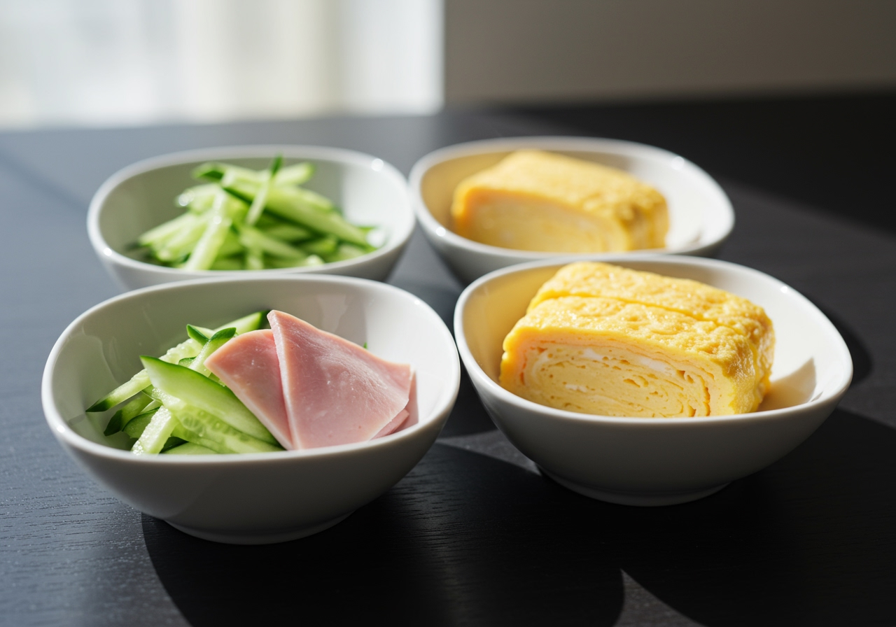 Close-up shot of finely shredded cucumber, ham, and omelet (kinshi tamago) arranged neatly in separate small bowls.