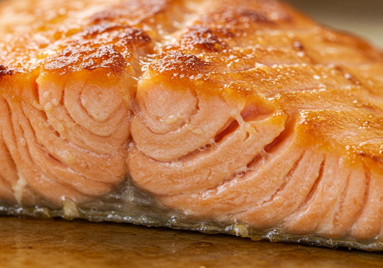Close-up shot of flaky salmon texture after cooking, showing the moistness of the flesh and the golden brown crust.