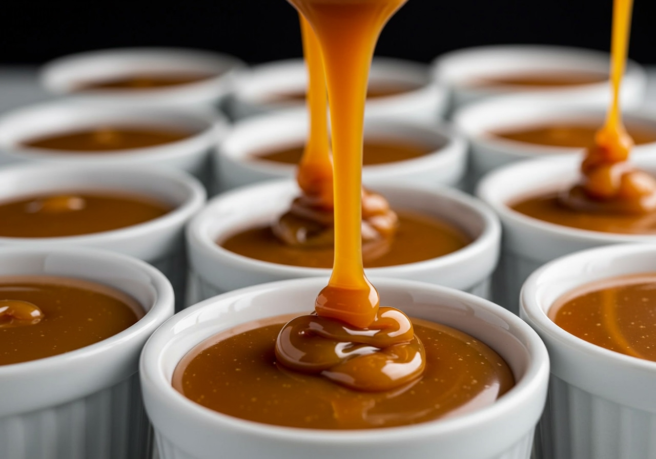 Close-up shot of golden caramel being poured into the bottom of small ramekins.
