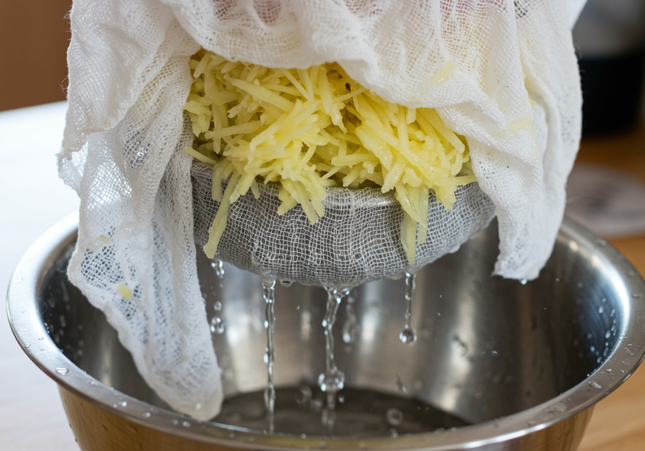 Close-up shot of grated potatoes being squeezed dry in a cheesecloth or kitchen towel, with water dripping into a bowl, emphasizing the importance of moisture removal.