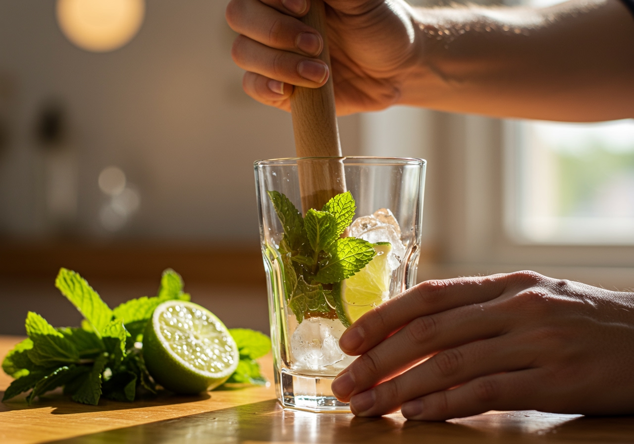 Close-up shot of hands gently muddling mint leaves and lime in a glass with a muddler.