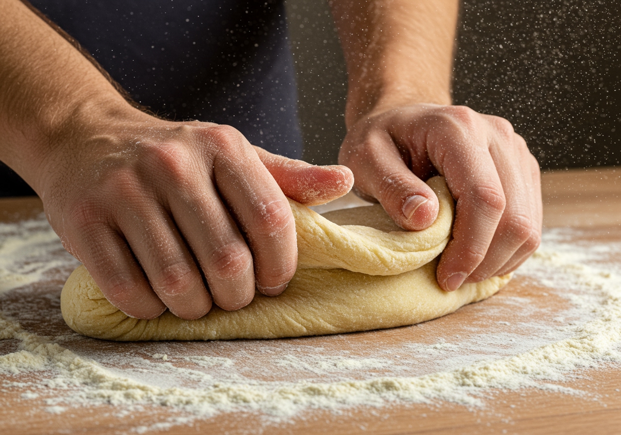 Close-up shot of hands kneading a ball of semolina pasta dough on a floured surface, showing the smooth texture developing.