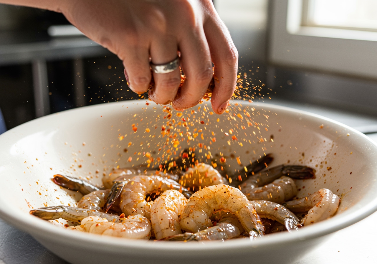 Close-up shot of raw shrimp being tossed with a spice mix in a bowl.