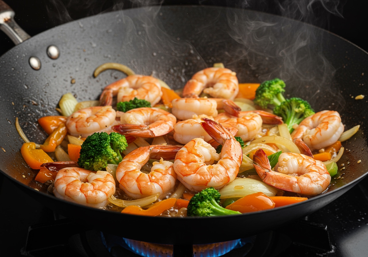 Close-up shot of seasoned shrimp being stir-fried in a hot pan.