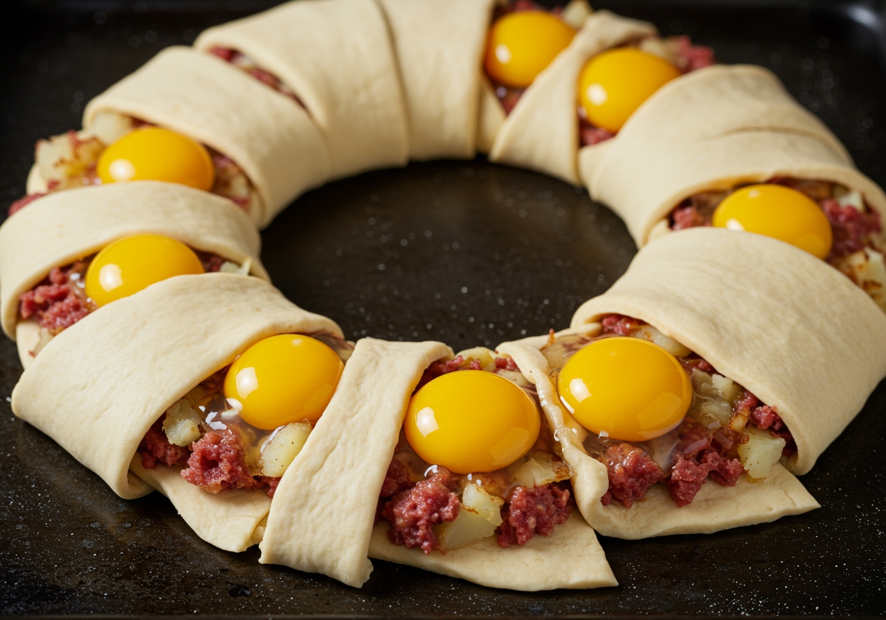 Close-up shot of the assembled croissant ring on a baking sheet before baking, showing the corned beef hash filling and raw eggs in the wells.