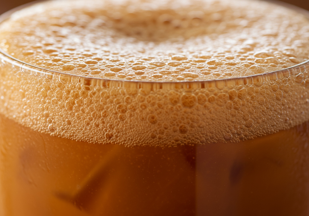 Close-up shot of the creamy foam on top of a glass of iced Teh Tarik.