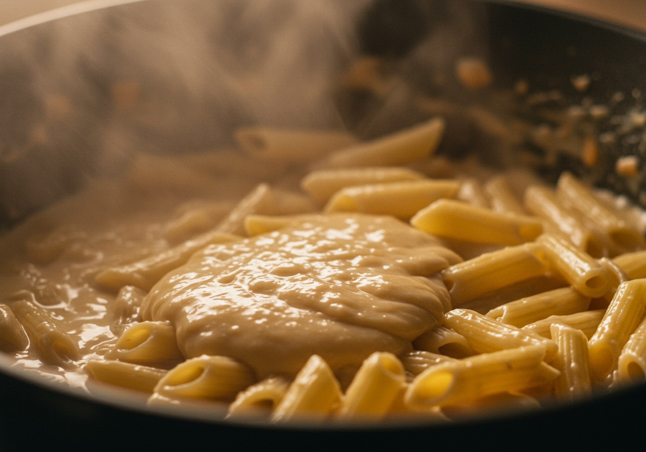 Close-up shot of the creamy sauce and pasta cooking together in the one-pot, showing the thickening process.