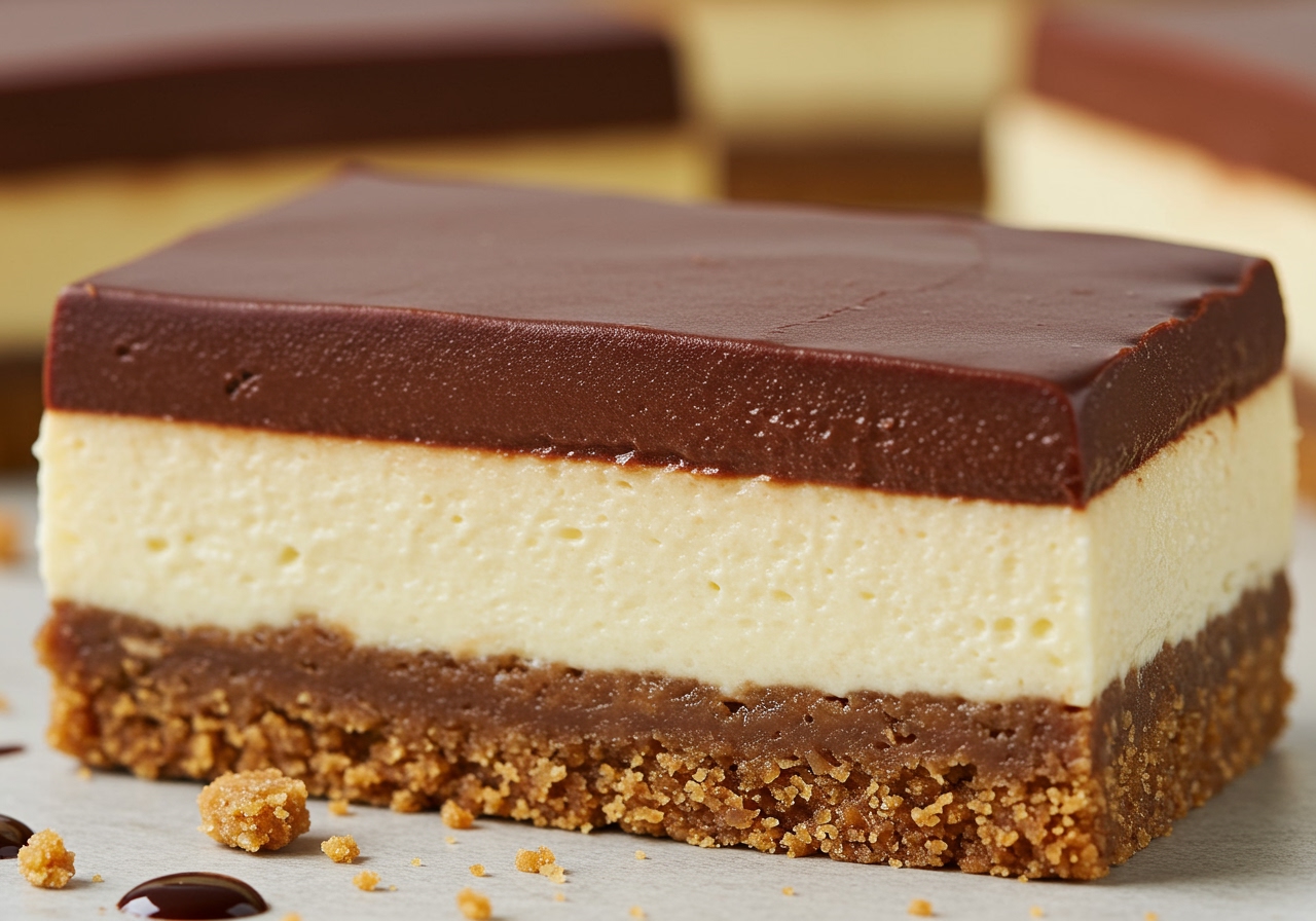 Close-up shot of the different layers of the healthy Nanaimo bar cheesecake: a dense base, a creamy middle layer, and a chocolate topping.