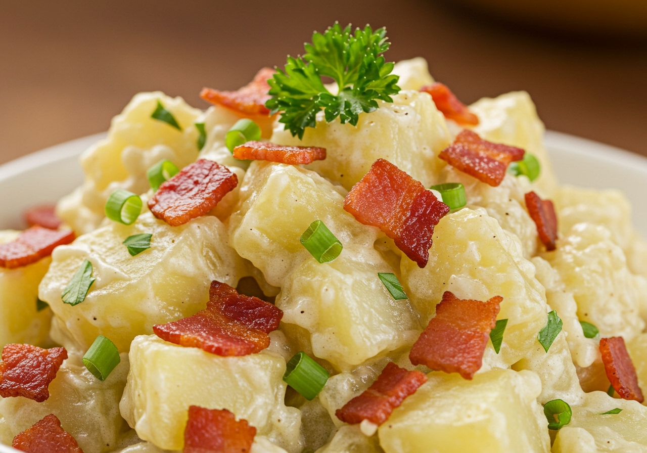 Close-up shot of the finished smoked potato salad showing the creamy texture, bits of bacon, and maybe some green onion or parsley.