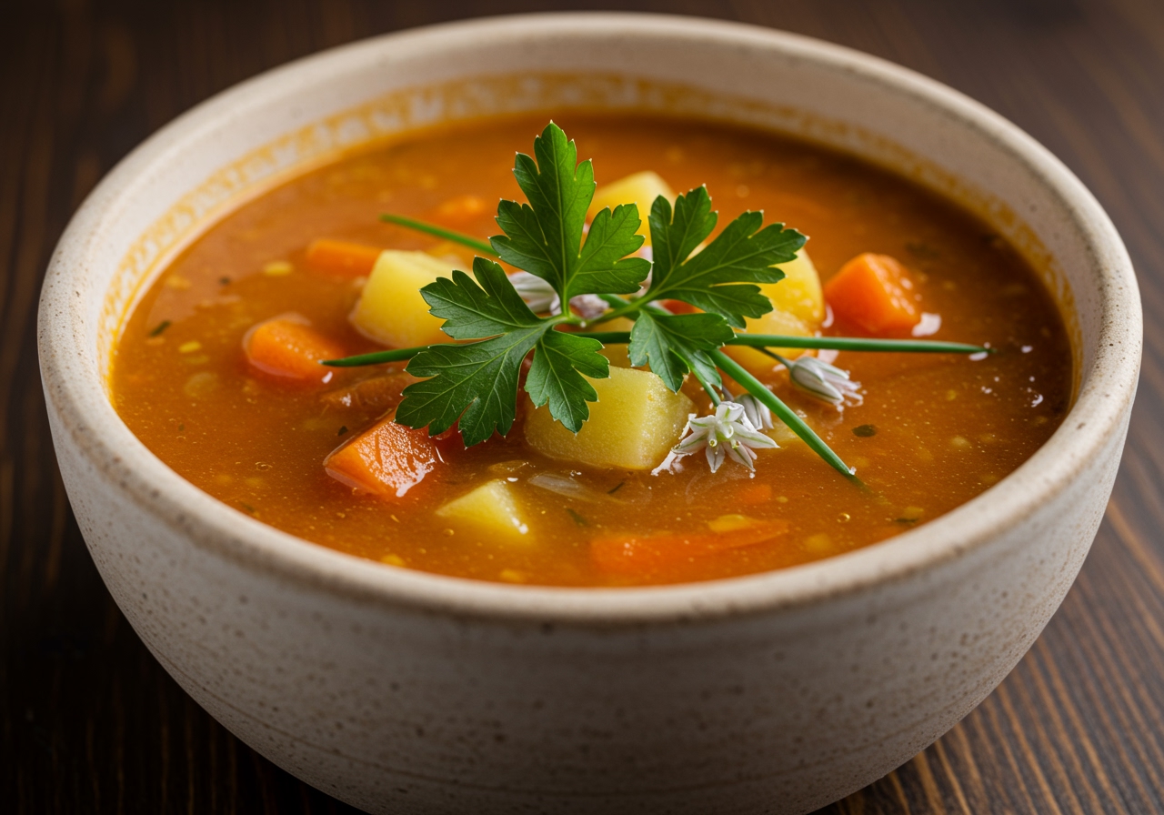 Close-up shot of the finished soup in a bowl, garnished with fresh parsley or other herbs, showing the vibrant colors of the vegetables.