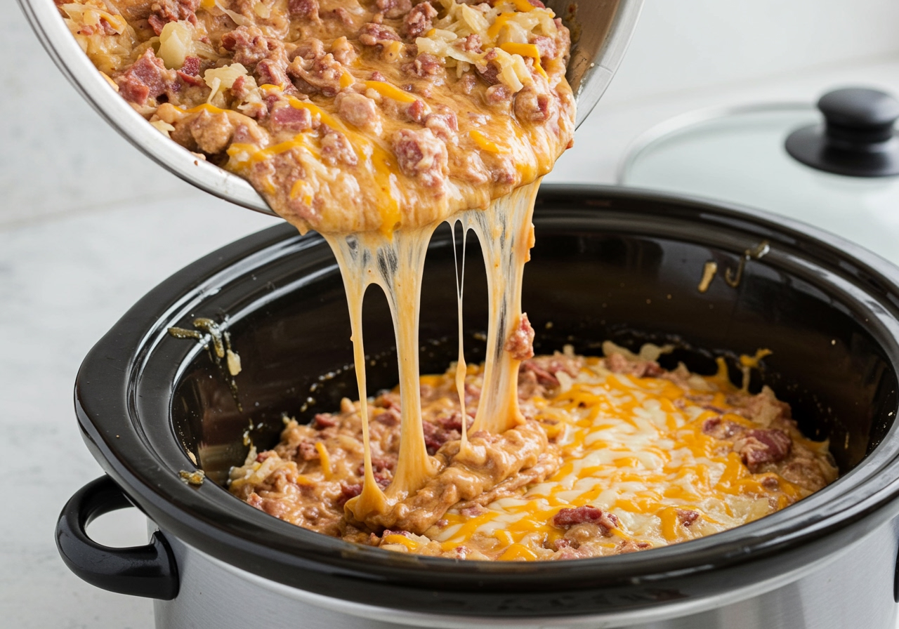 Close-up shot of the Reuben Dip mixture being poured from a bowl into the inner pot of a slow cooker.