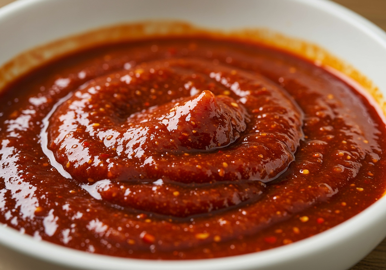 Close-up shot of the thick, red spicy Bibim Naengmyeon sauce (bibim-jang) in a bowl, showing its glossy texture and flecks of chili powder.