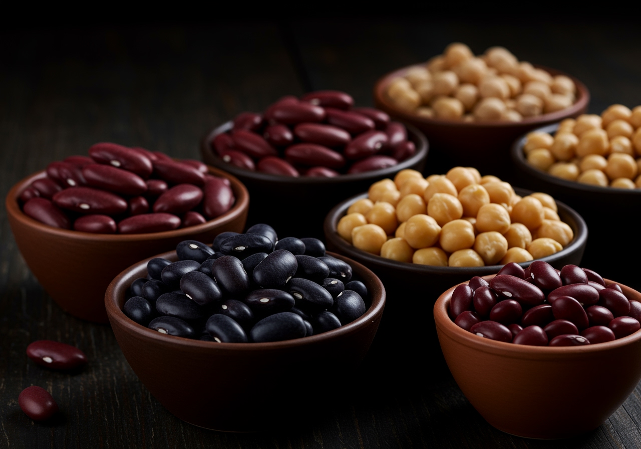 Close-up shot of various dried and canned beans used in chili, such as kidney beans, black beans, and chickpeas, in small bowls.