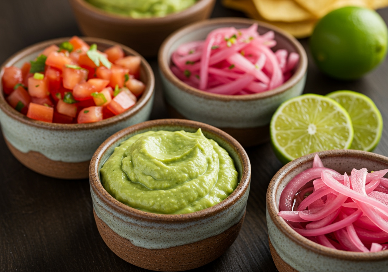 Close-up shot of various homemade salsas and toppings in small bowls, such as pico de gallo, guacamole, pickled onions, and lime wedges