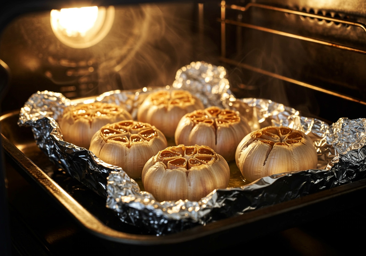 Close-up shot of whole garlic bulbs being roasted in an oven, wrapped in aluminum foil.