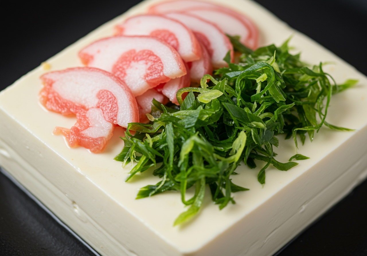 Close-up shot showing the finely sliced myoga (pink and white) and shredded ohba (green) as toppings, ready to be placed on the tofu. The detail of the slicing is visible.