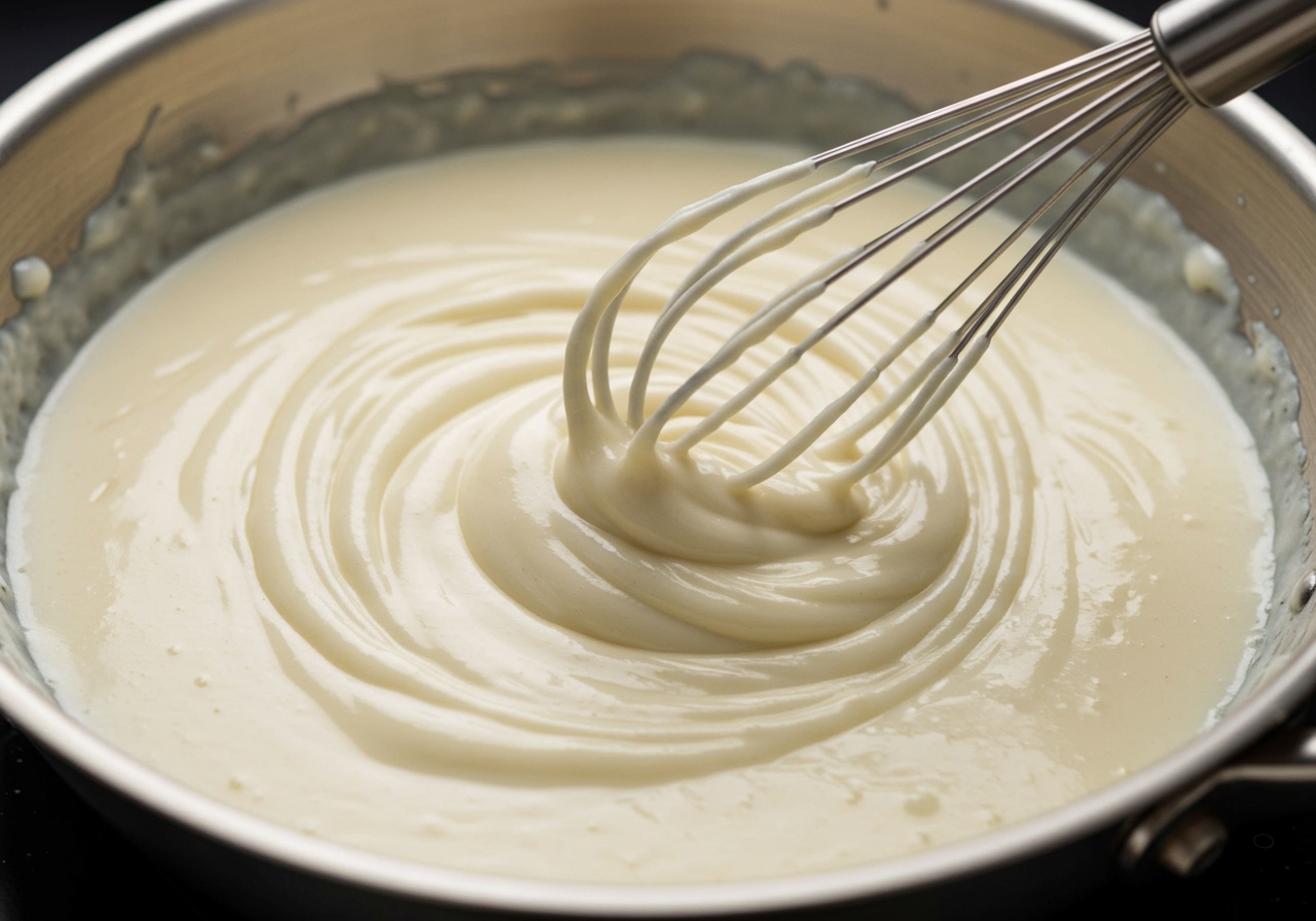 Close-up view of a creamy white sauce being stirred in a pan with a whisk, showing its smooth texture.