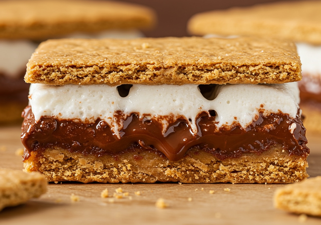 Close-up view of a cut S'mores bar showing the distinct layers of graham cracker crust, melted chocolate, and gooey marshmallow.