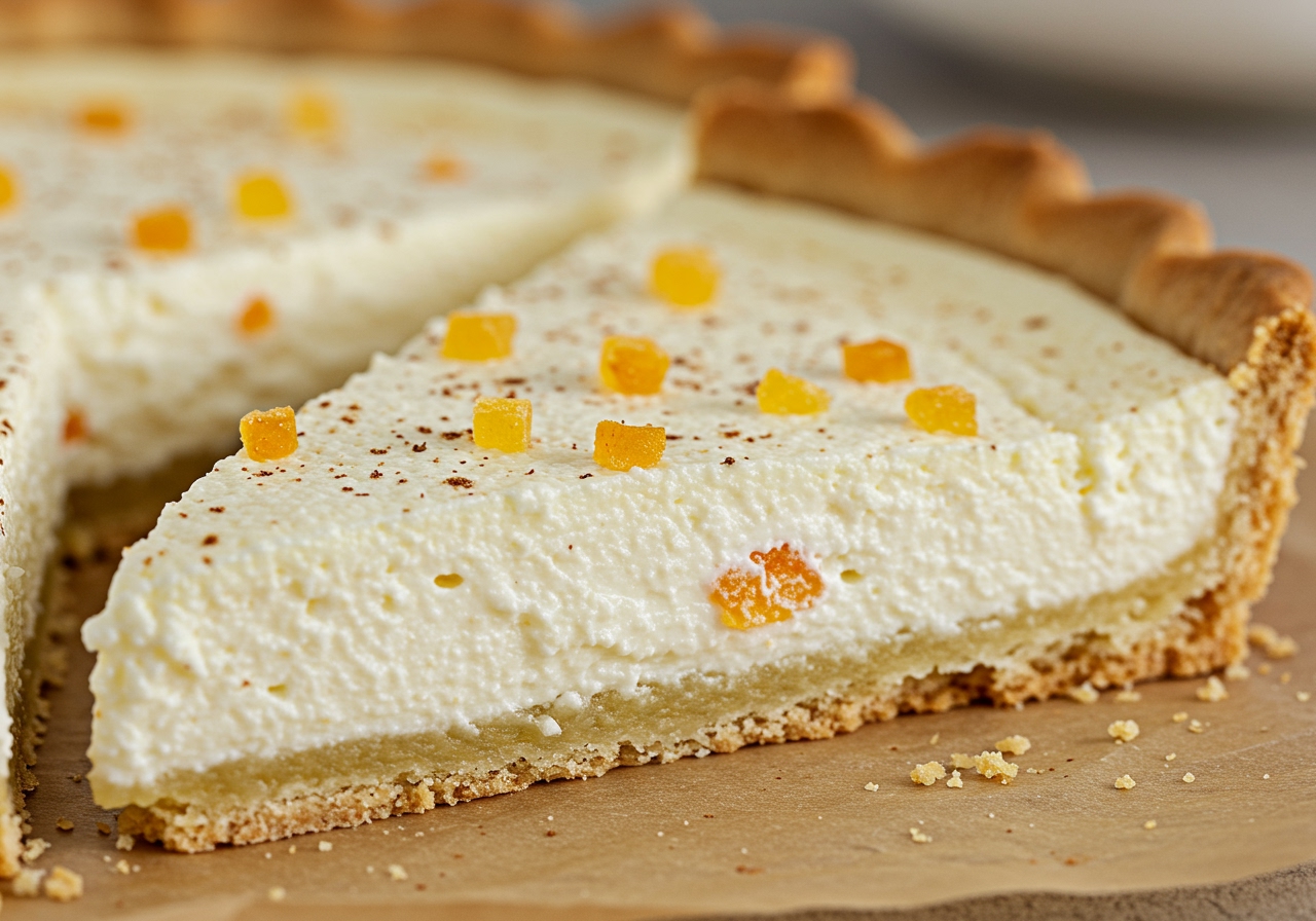 Close-up view of a slice of healthy ricotta tart, showing the creamy texture of the filling and the detailed structure of the crust.