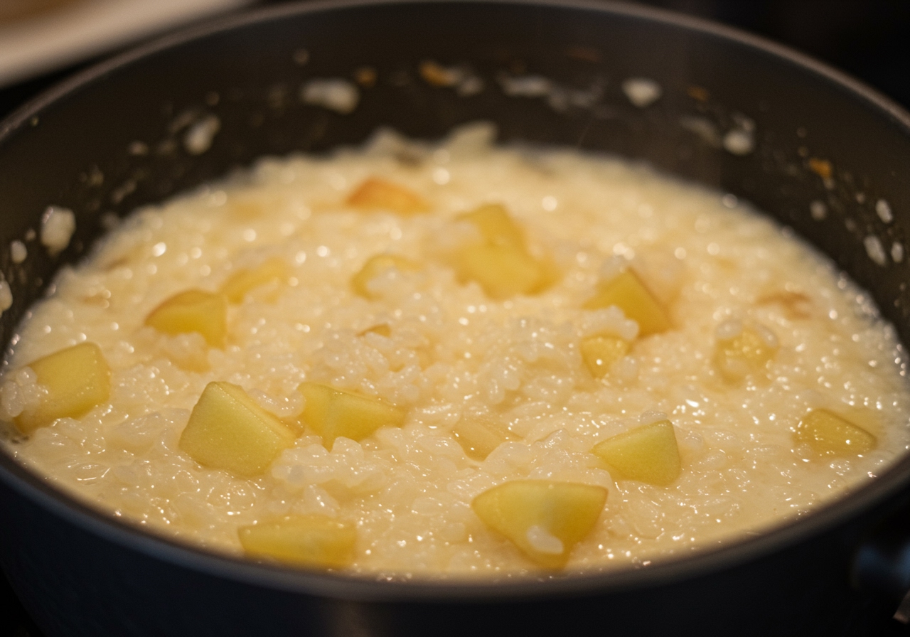 Close-up view of apple rice pudding simmering in a pot on the stovetop, showing the creamy texture and chunks of apple.