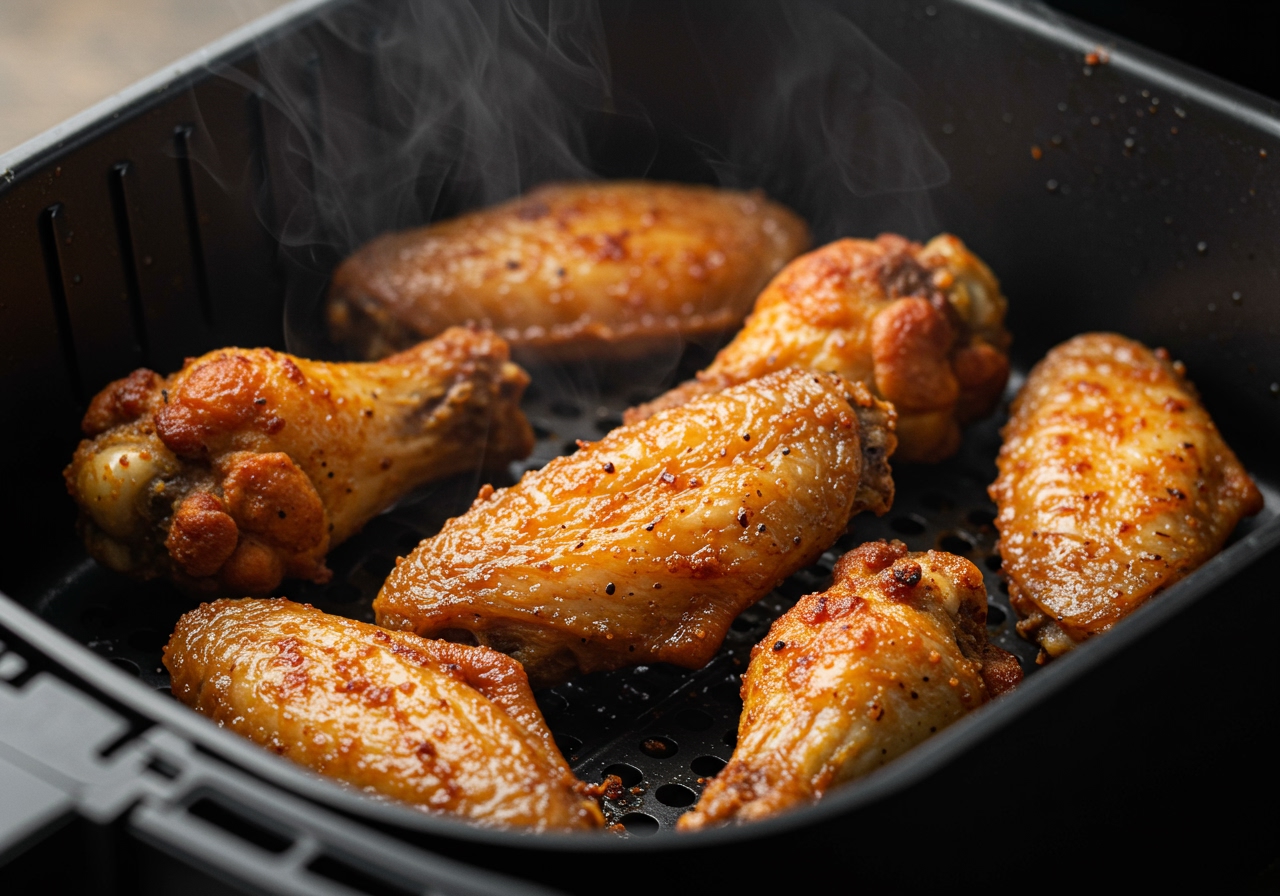 Close-up view of crispy air-fried chicken wings cooked in an air fryer basket.