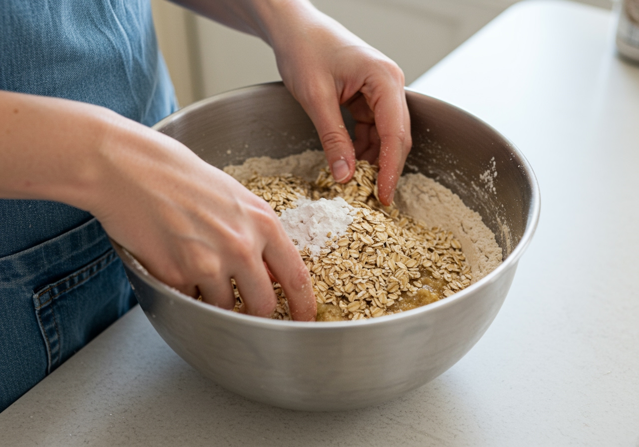Close-up view of hands gently mixing dry ingredients for the scones in a large mixing bowl. The ingredients include flour, rolled oats, sugar, and baking powder. Bright, clean kitchen setting.