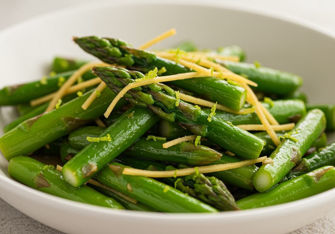 Close-up view of the stir-fried asparagus with visible ginger threads and lime zest, ready to eat