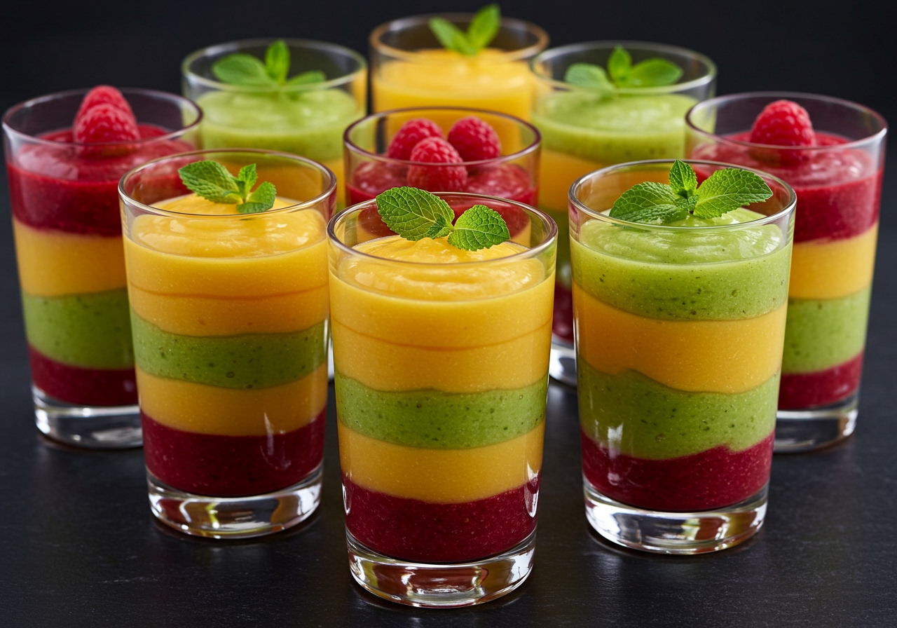 Colorful fruit mousses layered in tall glass cups, garnished with mint leaves.