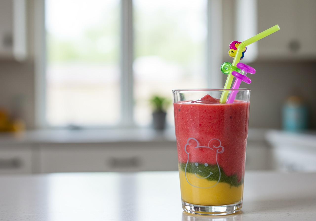 Colorful fruit smoothie in a kid-friendly glass with a fun straw