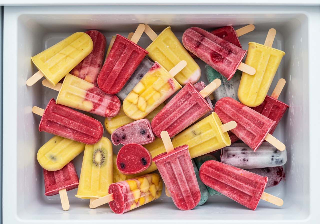 Colorful homemade fruit smoothie popsicles in various molds in a freezer.