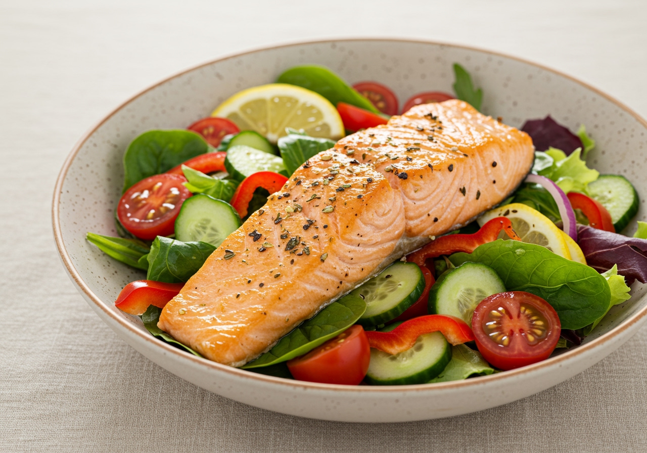 Colorful salmon salad with mixed greens and various vegetables