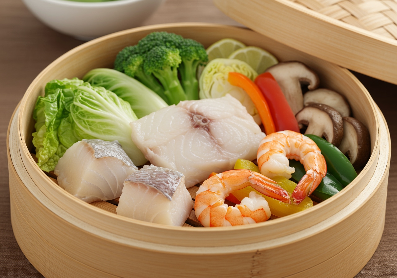 Colorful steamed dish with pieces of white fish, shrimp, various vegetables like cabbage, mushrooms, and bell peppers, served in a steamer basket or on a plate.