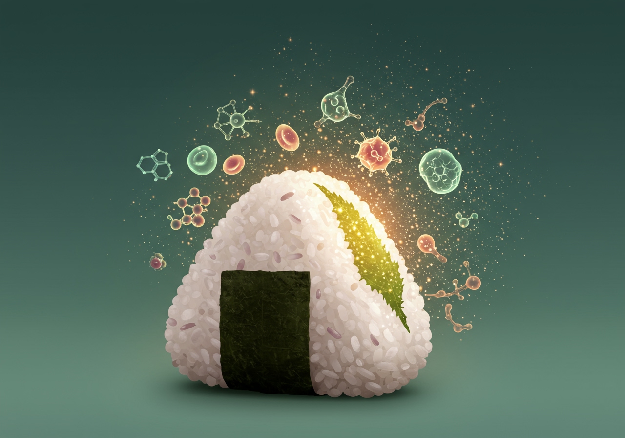 Conceptual image showing abstract representations of healthy benefits (e.g., a strong immune cell, energy molecule) emanating from a 梅しそおにぎり.