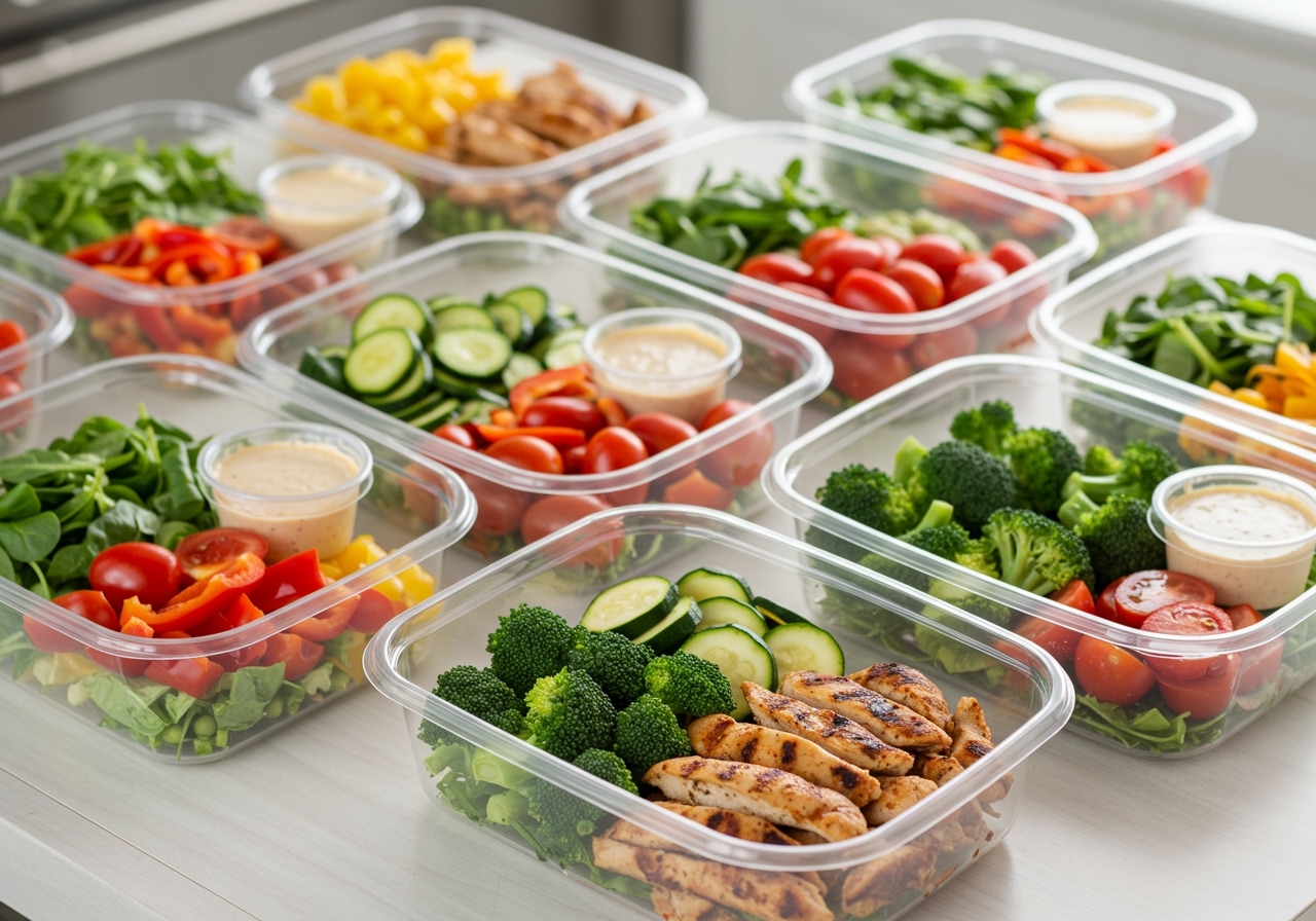 Containers filled with prepped ingredients like chopped vegetables, cooked chicken strips, and pre-portioned salads for meal prepping.