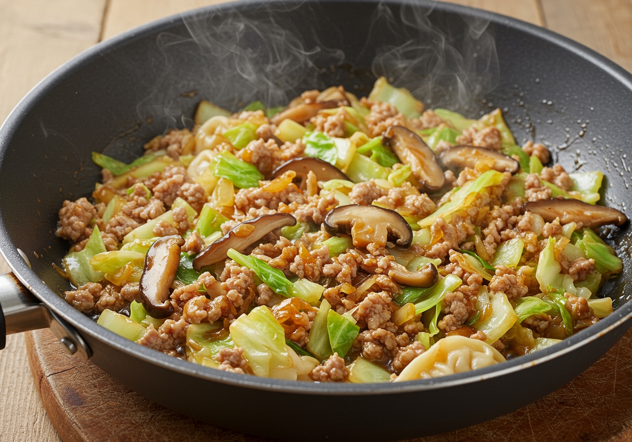 Cooked Chinese-style egg dumpling filling in a pan, showing minced pork, cabbage, and mushrooms