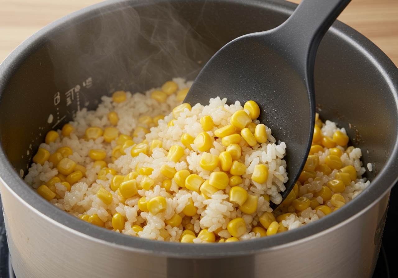Cooked corn rice in a rice cooker pot, being gently mixed with a rice paddle after cooking