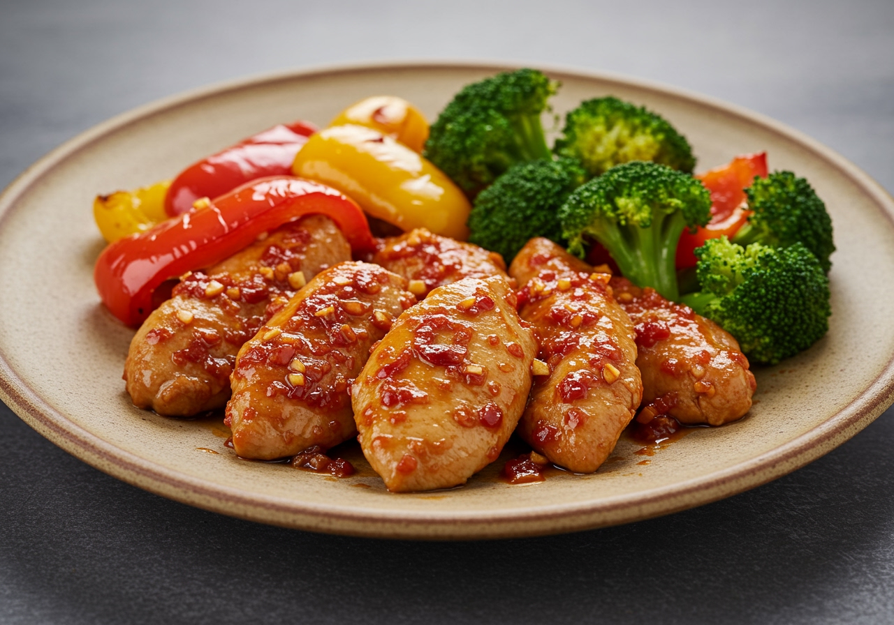 Cooked garlic chili chicken served on a plate with roasted vegetables like bell peppers and broccoli, garnished with fresh herbs.