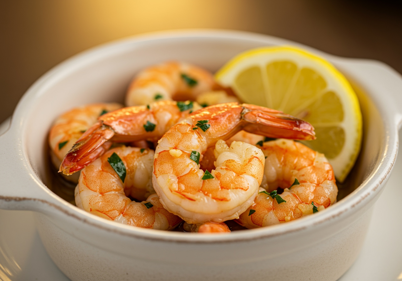 Cooked garlic shrimp served in a small ceramic dish, garnished with parsley and a lemon wedge, ready to be eaten as an appetizer.