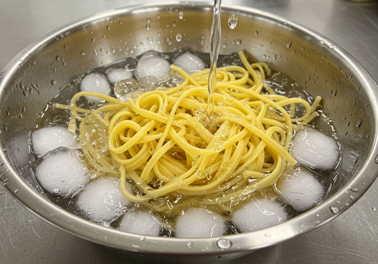 Cooked pasta being rinsed and cooled in a large bowl filled with ice water.